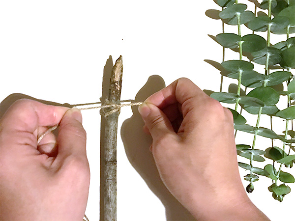 作り方は枝にユーカリを麻紐で結びつけるだけ。  まず枝に壁掛けに掛けるための紐をつけます。紐の長さは好みの長さでOK。