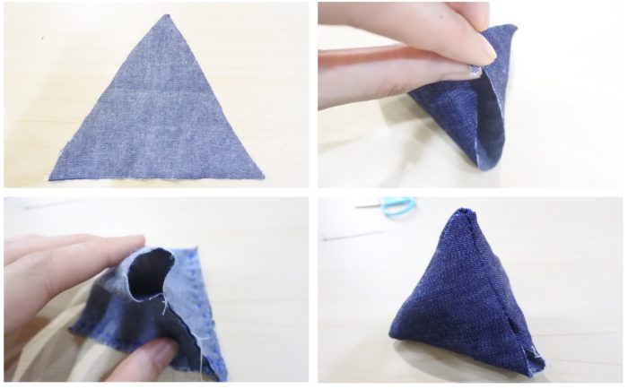 袋を作ります。三角錐は大きな三角を頂点を合わせるように縫います。裏表に縫っておき、2センチほど残した所からひっくり返します。
